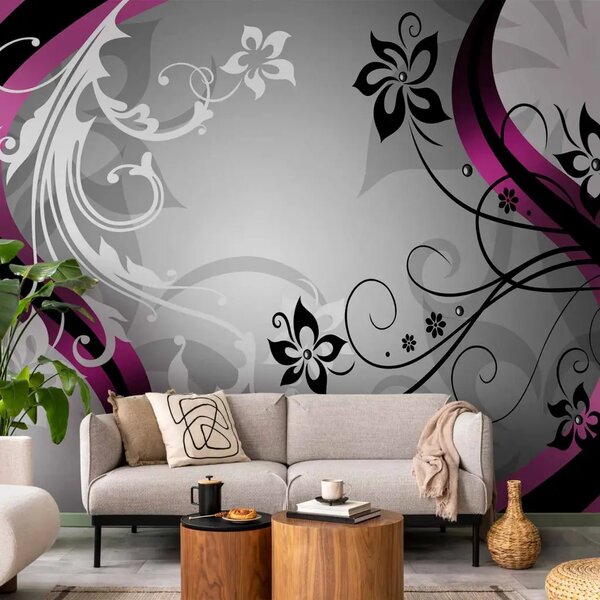 Carta da parati moderna Fantasia Floreale Viola - pattern con sottili fiori su sfondo grigio