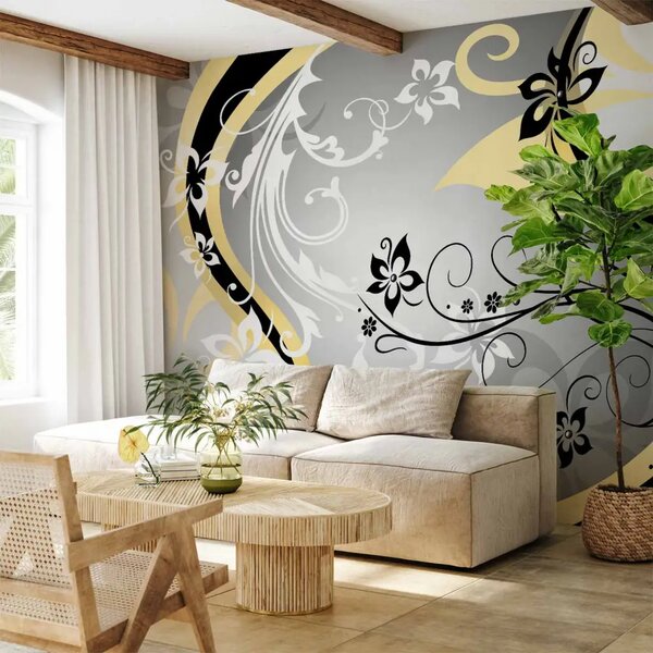 Carta da parati moderna Fantasia Floreale - pattern di fiori gialli e neri su sfondo grigio