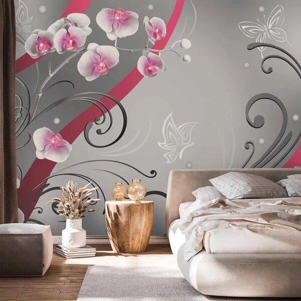 Carta da parati moderna Accento Rosa - orchidee in una composizione con ornamentazione