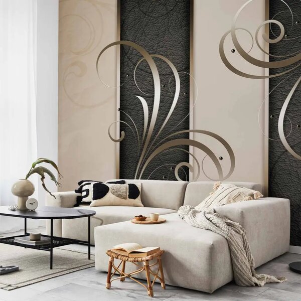 Carta da parati moderna Composizione con Ornamenti Dorati - pattern con strisce di pelle