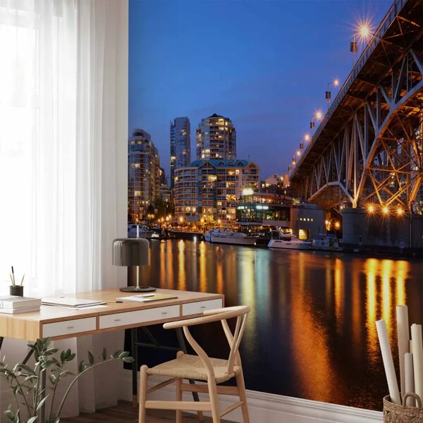 Carta da parati moderna Architettura di Vancouver - città di notte con grattacieli e un ponte