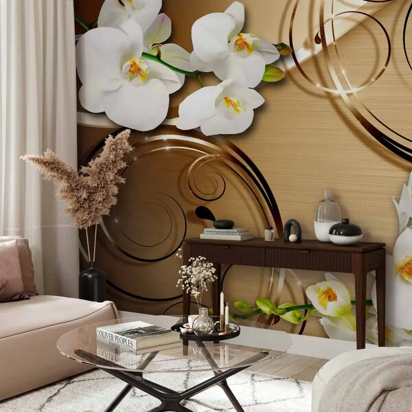 Carta da parati moderna Orchidee bianche - motivo floreale con ornamenti su sfondo dorato