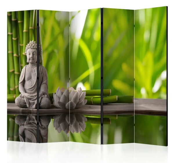 Paravento design Meditazione II - Buddha in pietra su sfondo di bambù