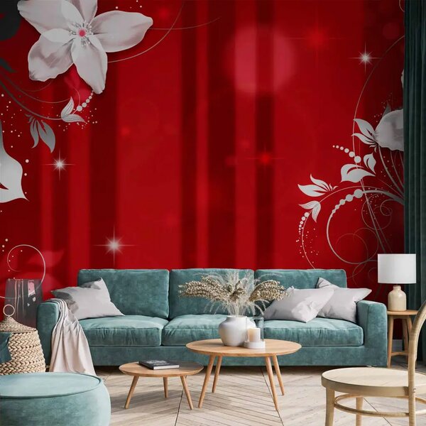 Carta da parati Astrazione in rosso - fiori bianchi con disegni e luccichio