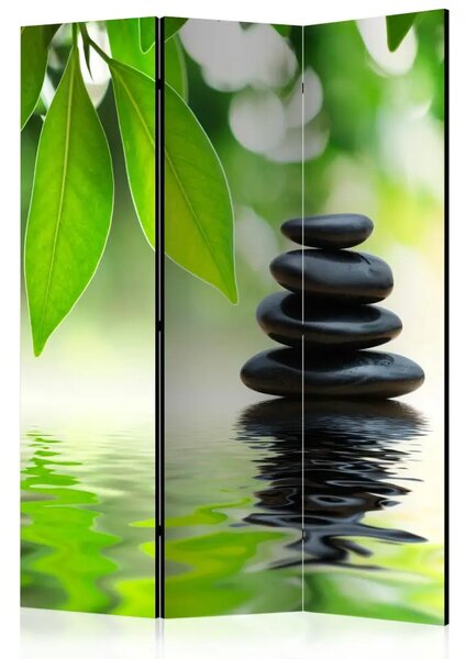 Paravento design Tranquillità - pietre scure in stile Zen su sfondo di foglie di bambù