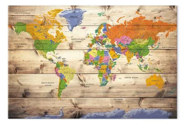 Quadro Mappa dei continenti colorati - mondo su sfondo di legno