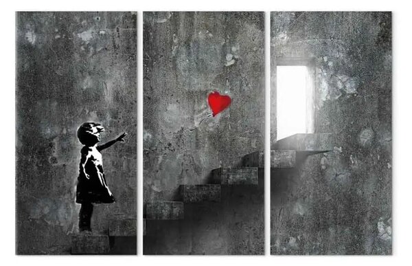 Quadro moderno Banksy: Ragazza con palloncino - graffiti urbano con cuore e scale