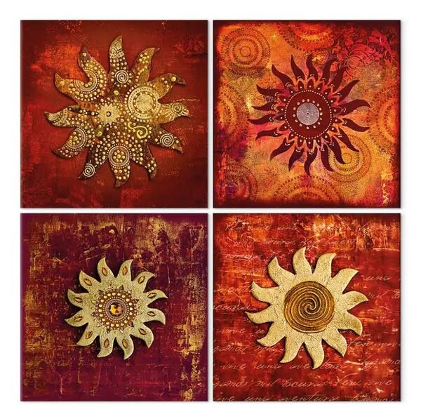 Quadro su tela Volto del sole (4 pezzi) - collage di ornamenti dorati e rossi