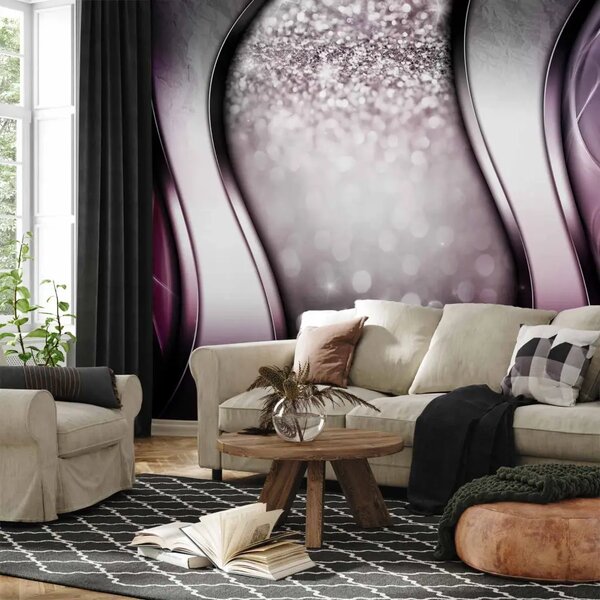 Carta da parati moderna Glitter - moderna composizione argento con onde viola