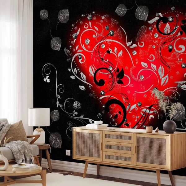 Carta da parati Astrazione a forma di cuore - cuore rosso con ornamenti neri