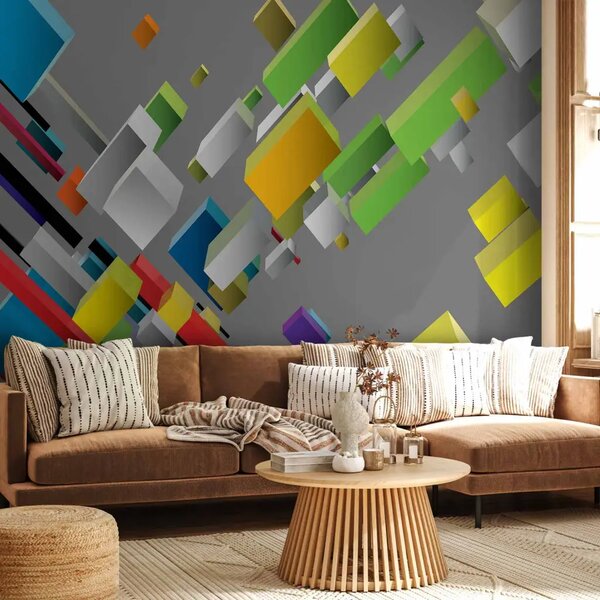 Carta da parati Puzzle 3D - colorata astrazione geometrica in spazio grigio