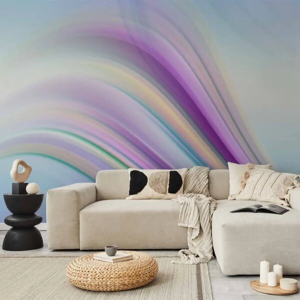 Carta da parati Astrazione arcobaleno - linee viola intrecciate su sfondo blu