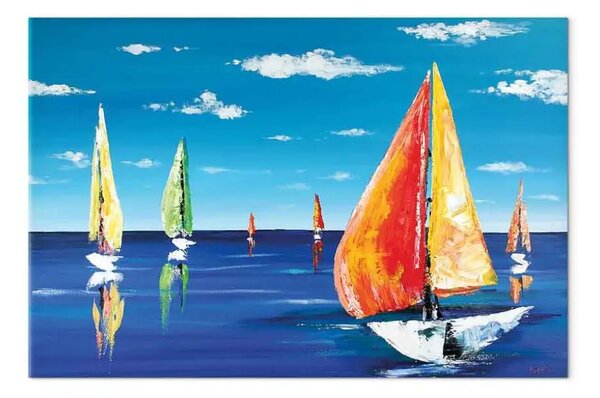 Quadro su tela Pomeriggio estivo - velieri dipinti a mano sul lago