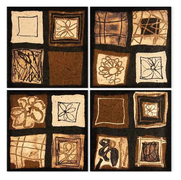 Quadro moderno Quartetto marrone - astrazione artistica di figure su texture di legno