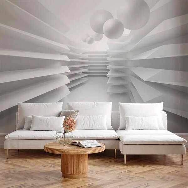Carta da parati Astrazione moderna - corridoio bianco con effetto 3D e sfere