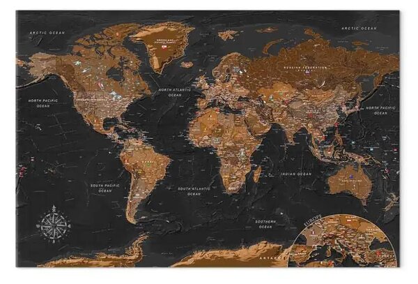 Quadro moderno Mappa elegante - mappa del mondo marrone con bandiere e scritte