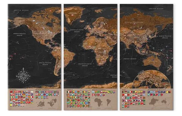 Quadro moderno Mondo: Mappa marrone - mappa del mondo, bandiere statali