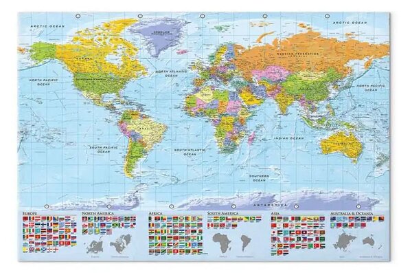 Quadro su tela Mondo: Mappa colorata - bandiere su mappa del mondo