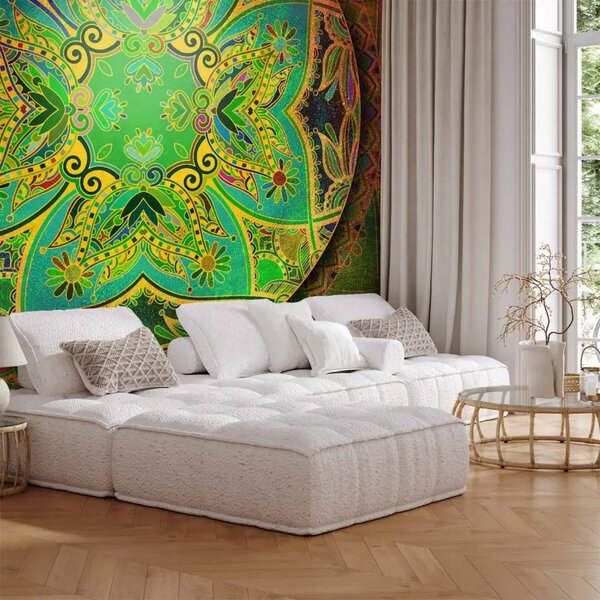 Carta da parati Mandala - motivo orientale verde con elementi dorati