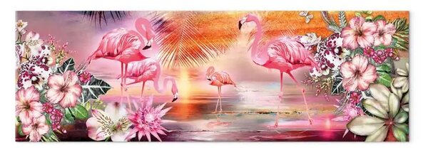 Quadro moderno Terra dei fenicotteri - uccelli rosa al tramonto romantico