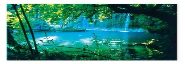 Quadro moderno Cascata e alberi - paesaggio con acqua blu e cascata
