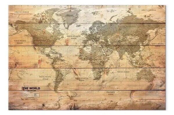Quadro contemporaneo Mappa del Mondo: Assi - continenti su una texture di legno