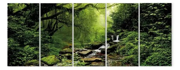 Quadro contemporaneo Cascata nel bosco (5 parti) - pittoresco paesaggio tra gli alberi