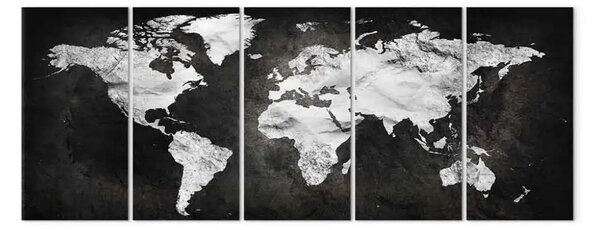 Quadro su tela Mondo inchiostro (5 parti) - mappa estetica del mondo in bianco e nero