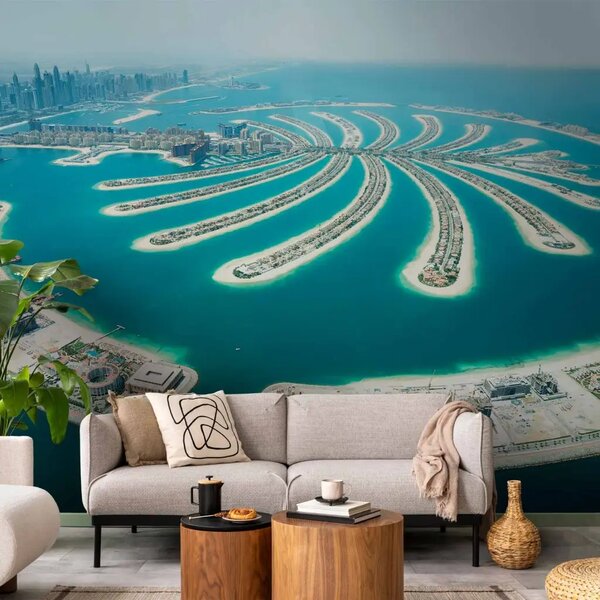 Carta da parati moderna Dubai: Isola Palmata - panorama della città con vista sul mare e grattacieli