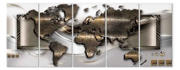 Quadro Mappa elegante (5 pezzi) - mondo argento-oro con astrazione
