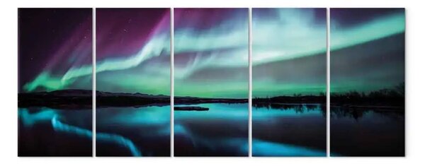 Quadro Cielo polare notturno (5 pezzi) - paesaggio con aurora e mare