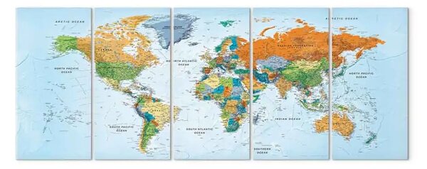 Quadro moderno Mappa dettagliata del mondo (5 pezzi) - i sette continenti a colori