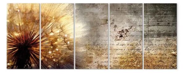 Quadro su tela Soffione dorato (5 parti) - composizione con scritte su calcestruzzo