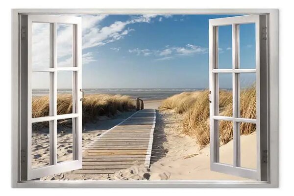 Quadro Finestra: vista sulla spiaggia - paesaggio sabbioso con sentiero in legno verso il mare