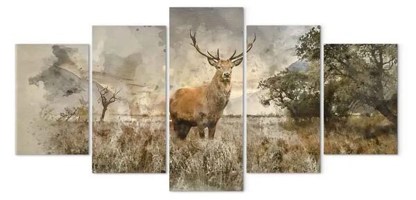 Quadro contemporaneo Cervo nella natura (5 pezzi) - paesaggio con tema animale