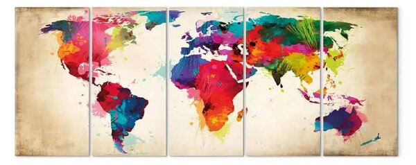 Quadro Continenti vivaci (5 pezzi) - mappa dipinta ad acquerello