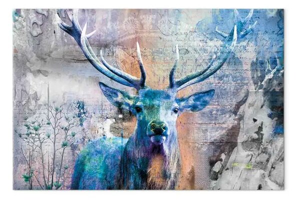 Quadro Cervo blu - animale cornuto e citazioni su sfondo di legno