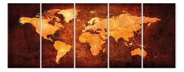 Quadro contemporaneo Mondo infuocato (5 pezzi) - mappa del mondo nelle tonalità arancioni
