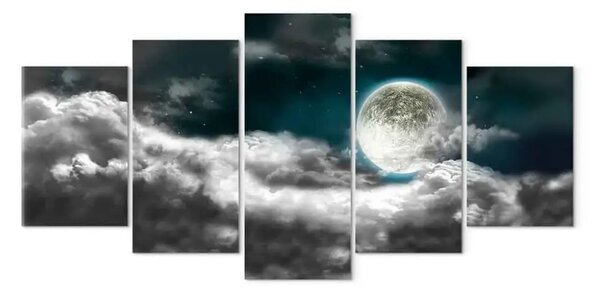 Quadro su tela Bagliore lunare (5 pezzi) - paesaggio notturno con Luna piena e stelle