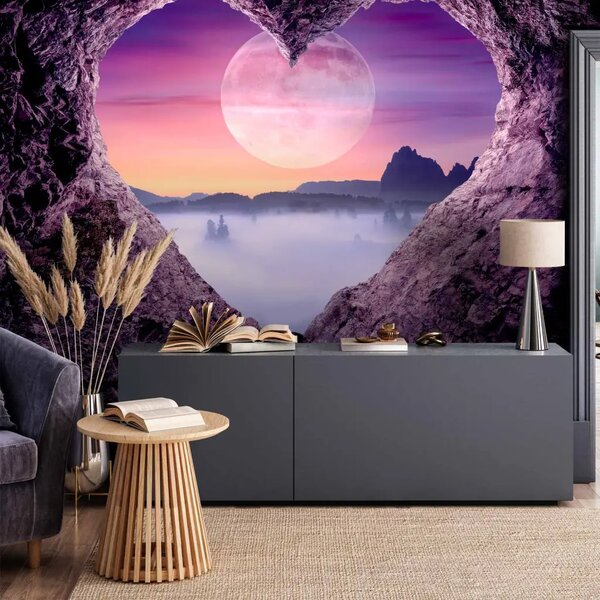 Carta da parati moderna Grotta viola - paesaggio di montagna con luna piena e motivo a cuore