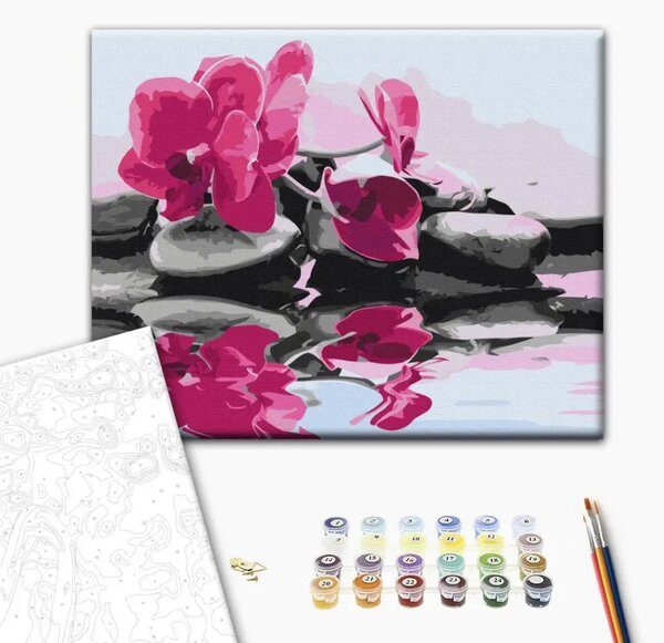 Tela da dipingere con numeri Orchidea e sassi zen nello specchio dell'acqua