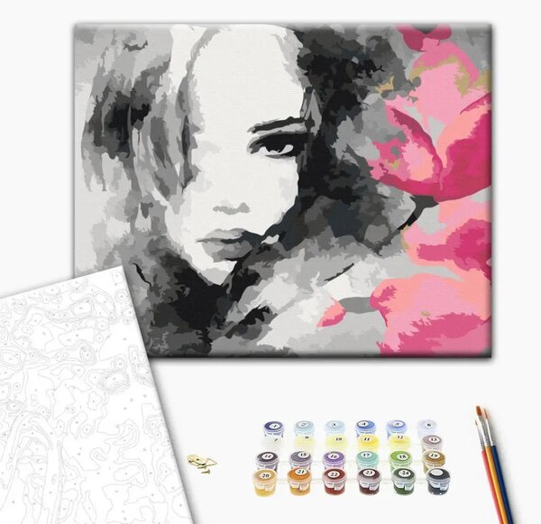 Quadro da dipingere con i numeri Ritratto in bianco e nero con fiore rosa