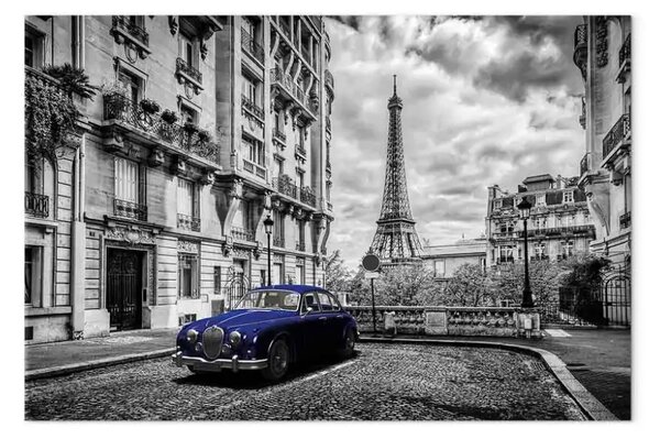Quadro su tela Auto a Parigi largo - auto blu con sfondo di Parigi