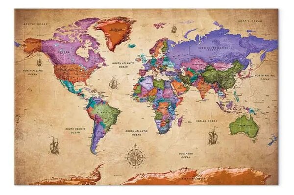 Quadro moderno Viaggi colorati largo - mappa del mondo in inglese
