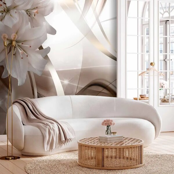 Carta da parati Mazzo lilla - fiori bianchi su sfondo astratto in tonalità beige