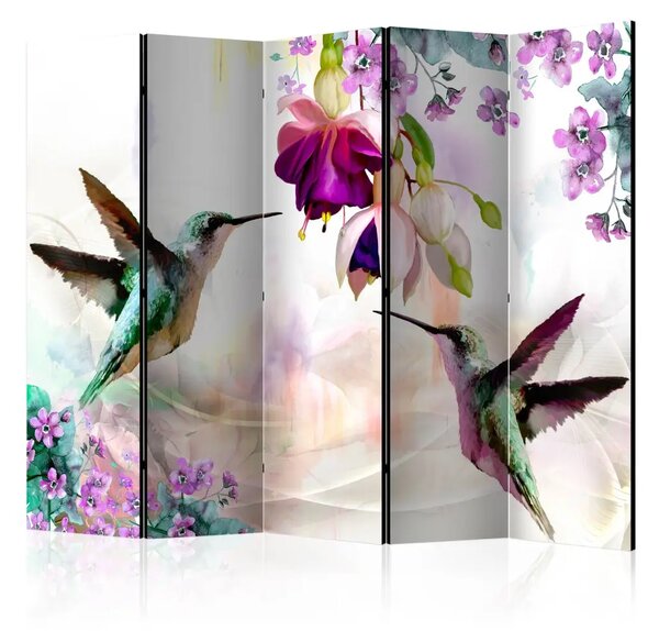 Paravento separè Colibrì e fiori II - uccello e piante colorate su sfondo multicolore