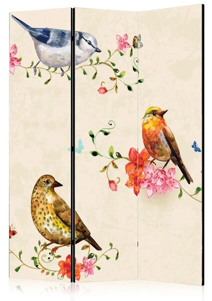 Paravento design Canto degli uccelli - animali su piante su sfondo beige