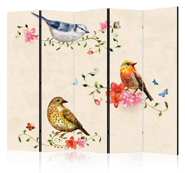 Paravento separè Canto degli uccelli II - animali su piante colorate su sfondo beige