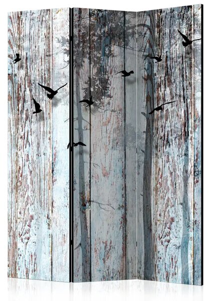 Paravento separè Assi rustici - texture di vecchi assi di legno con motivi di uccelli