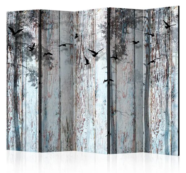 Paravento Assi rustici II - texture di assi di legno con motivi di uccelli